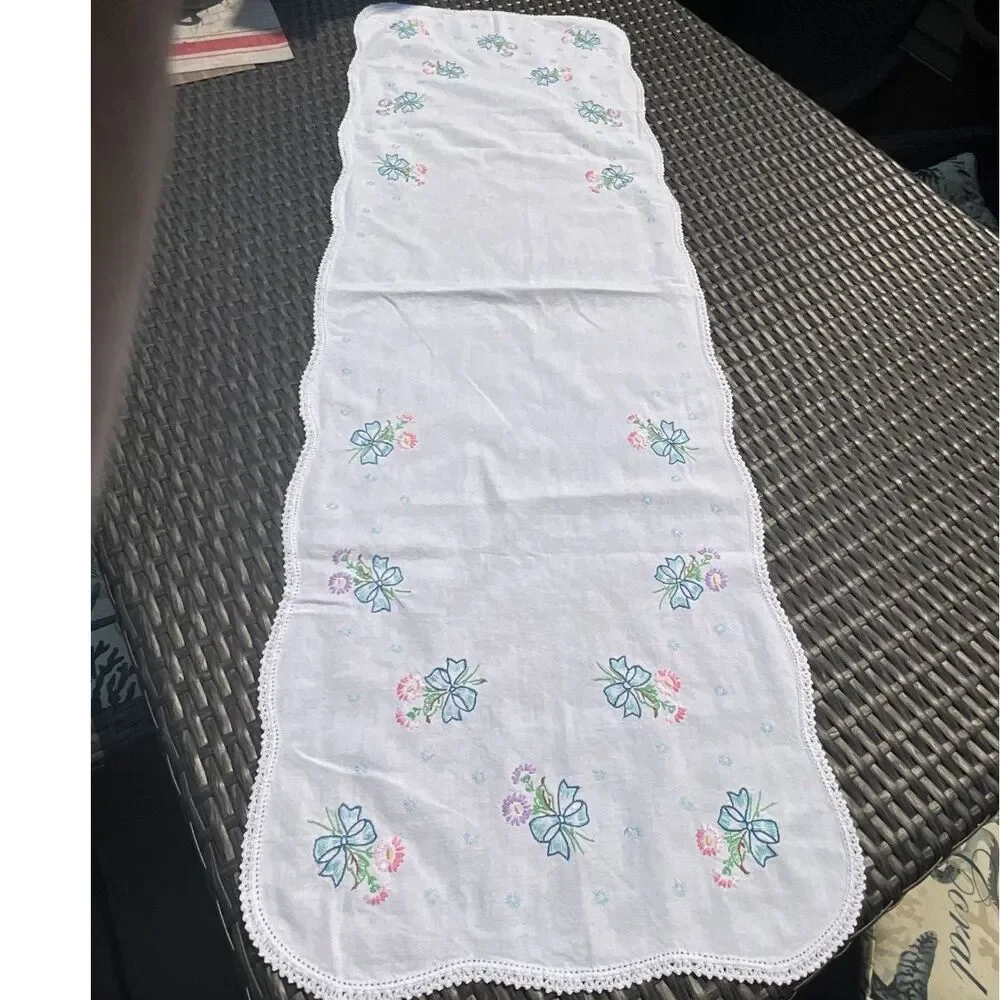 Vintage Hand Embroidered Dresser Scarf Blue Bows Floral Crochet Edge Cottagecore